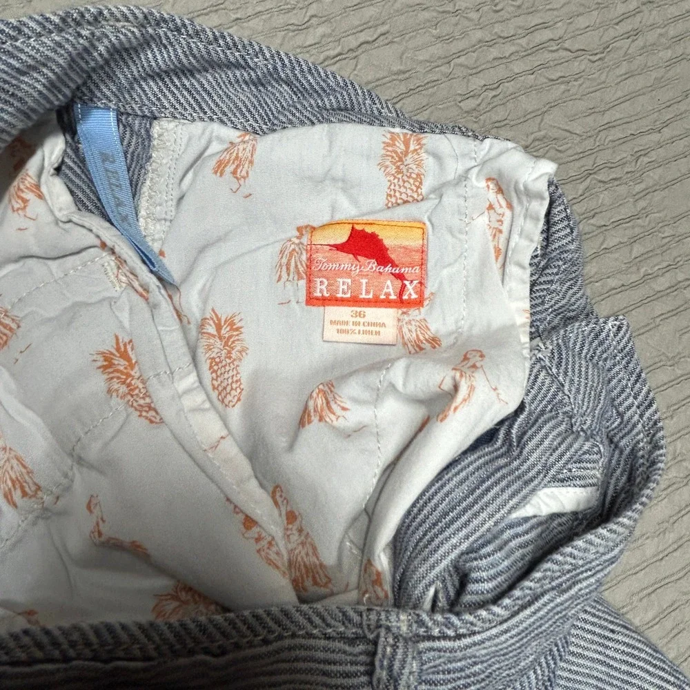 Tommy Bahama Relax Mens 36 Blue White Striped 100% Linen Flat Front Shorts